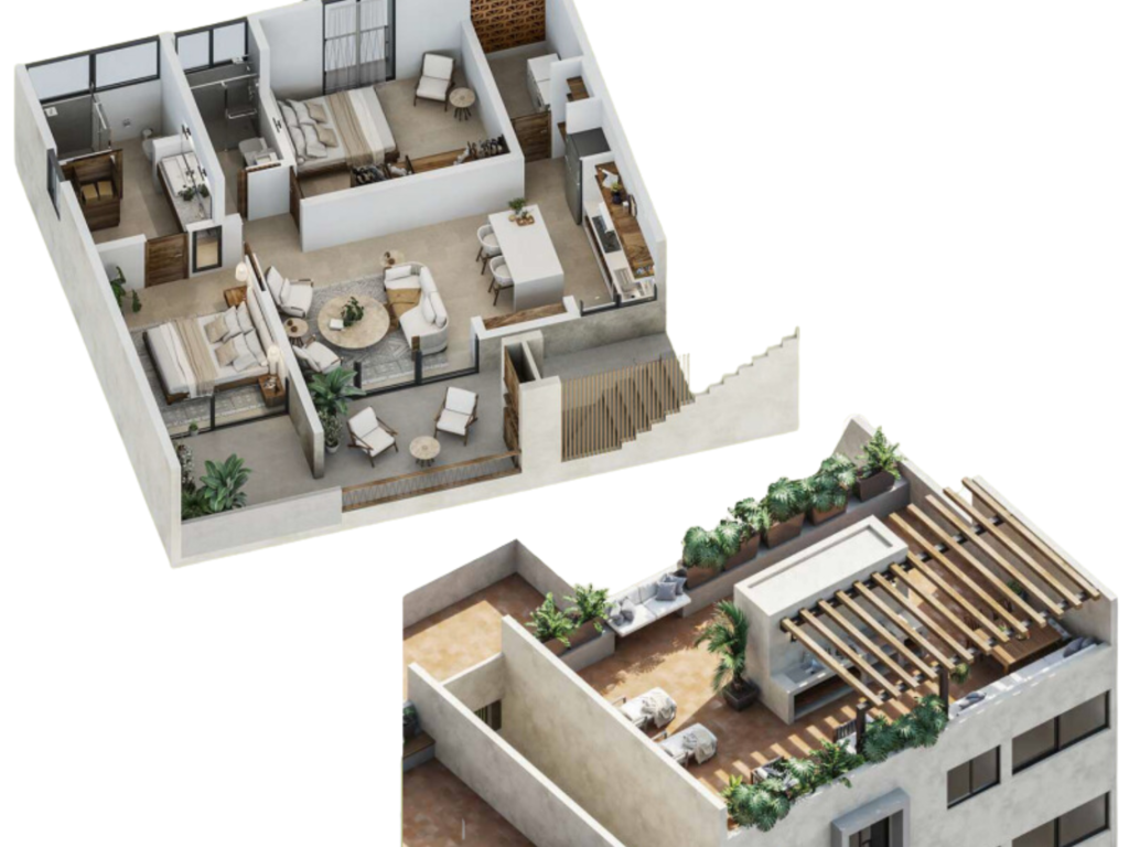 Plano de planta del departamento de Arekas, Flamingos Residencial en Bucerias. Incluye un rooftop exclusivo.