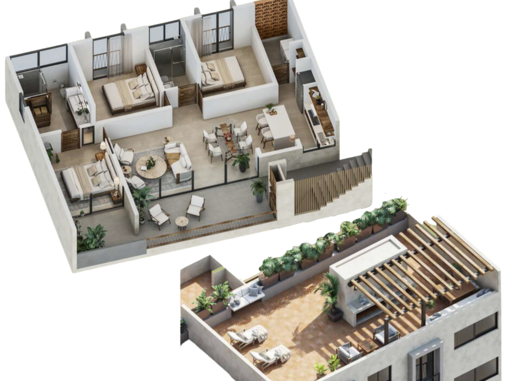 Plano de planta del departamento de Arekas, Flamingos Residencial en Bucerias. Incluye un rooftop exclusivo.