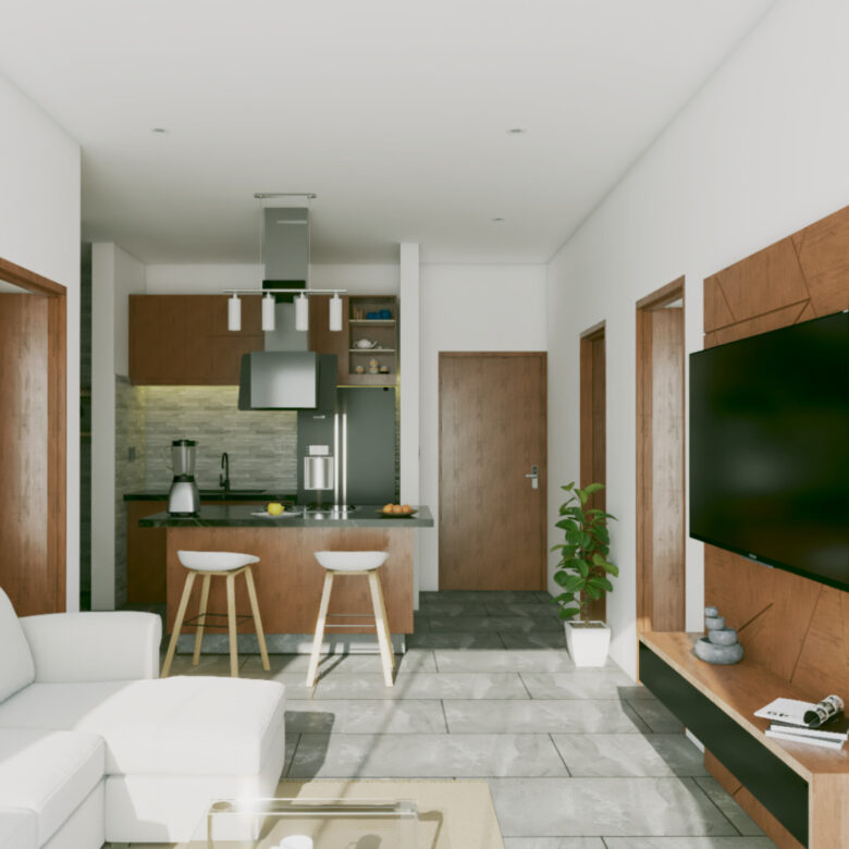 Sala de Le Curve Versalles, departamentos en Nuevo Vallarta