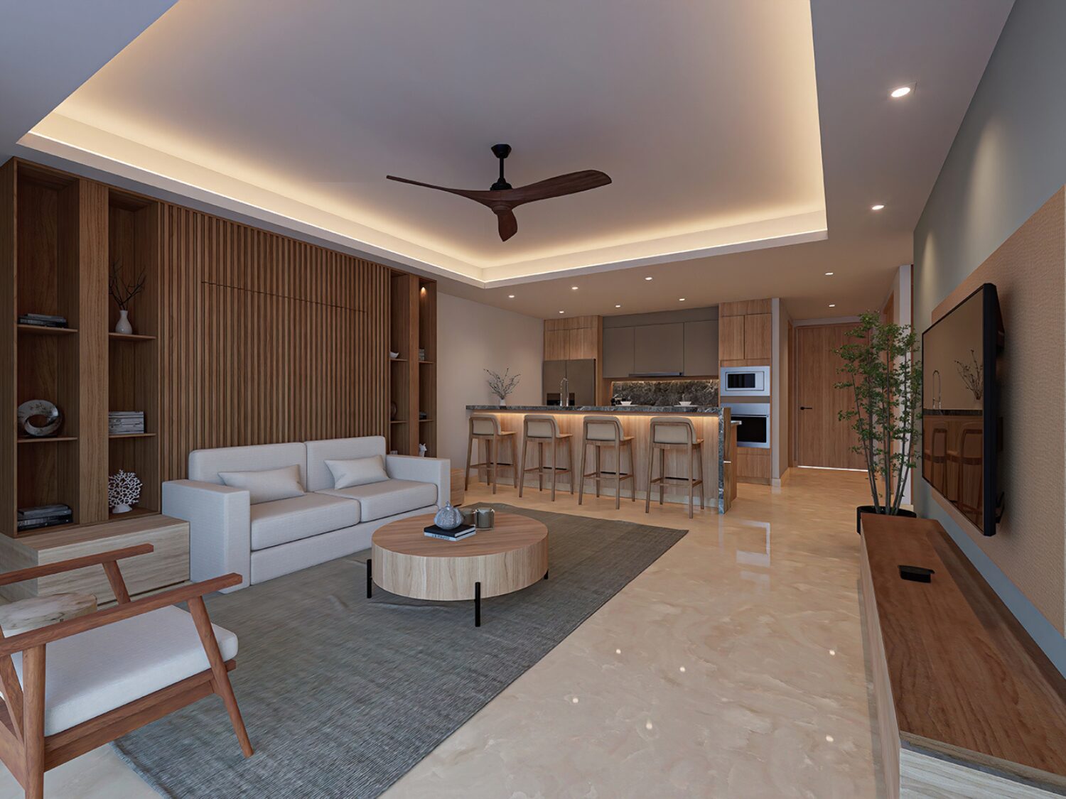 Sala de Matiari Towers, departamento de lujo en la Marina Puerto Vallarta.