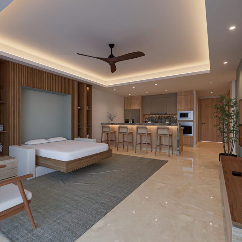 Sala de Matiari Towers, departamento de lujo en la Marina Puerto Vallarta.