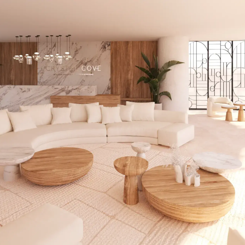 Lobby de Crystal Cove, departamentos en venta a pie de playa en La Cruz de Huanacaxtle.