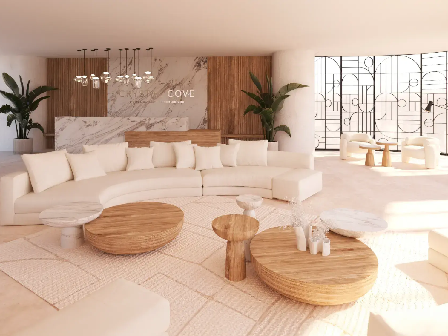 Lobby de Crystal Cove, departamentos en venta a pie de playa en La Cruz de Huanacaxtle.