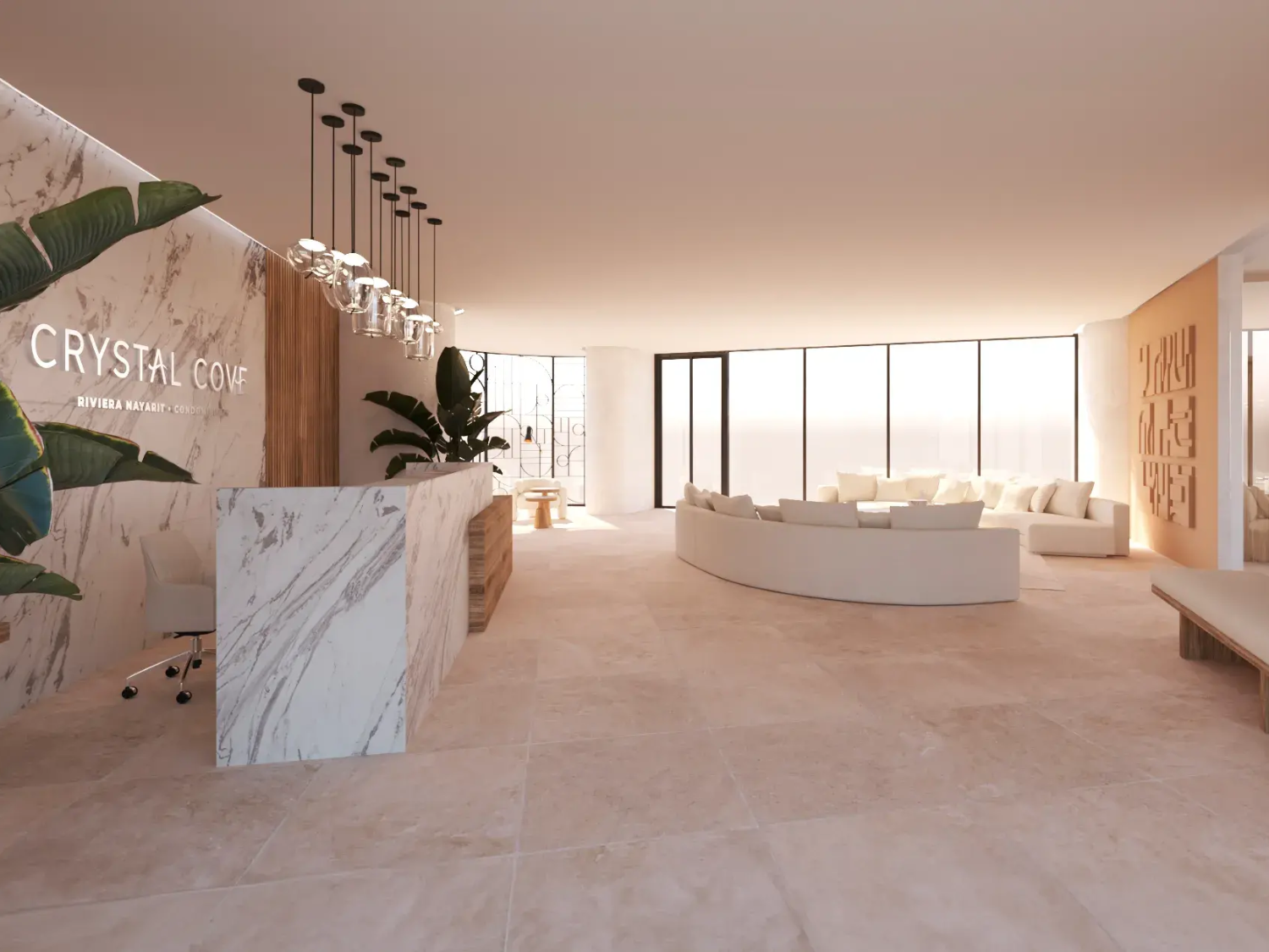 Lobby de Crystal Cove, departamentos en venta a pie de playa en La Cruz de Huanacaxtle.