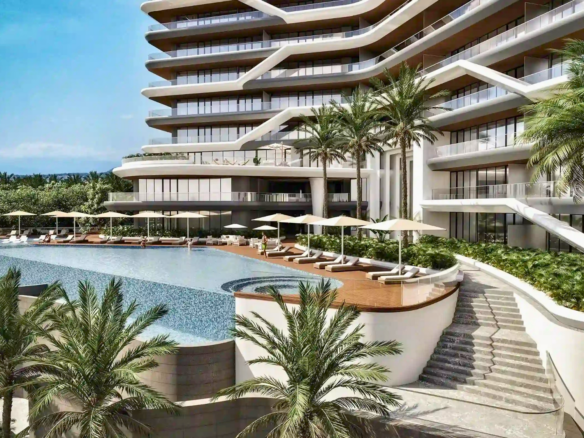 Alberca de Crystal Cove, departamentos en venta a pie de playa en La Cruz de Huanacaxtle.