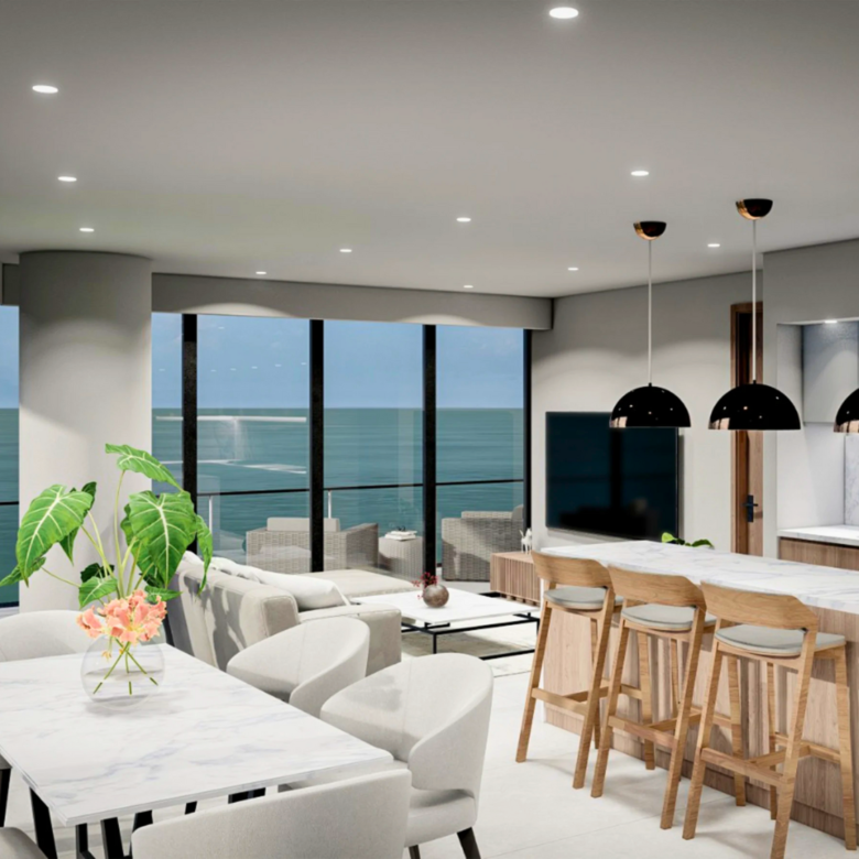 Cocina y comedor de Crystal Cove, departamentos en venta a pie de playa en La Cruz de Huanacaxtle.