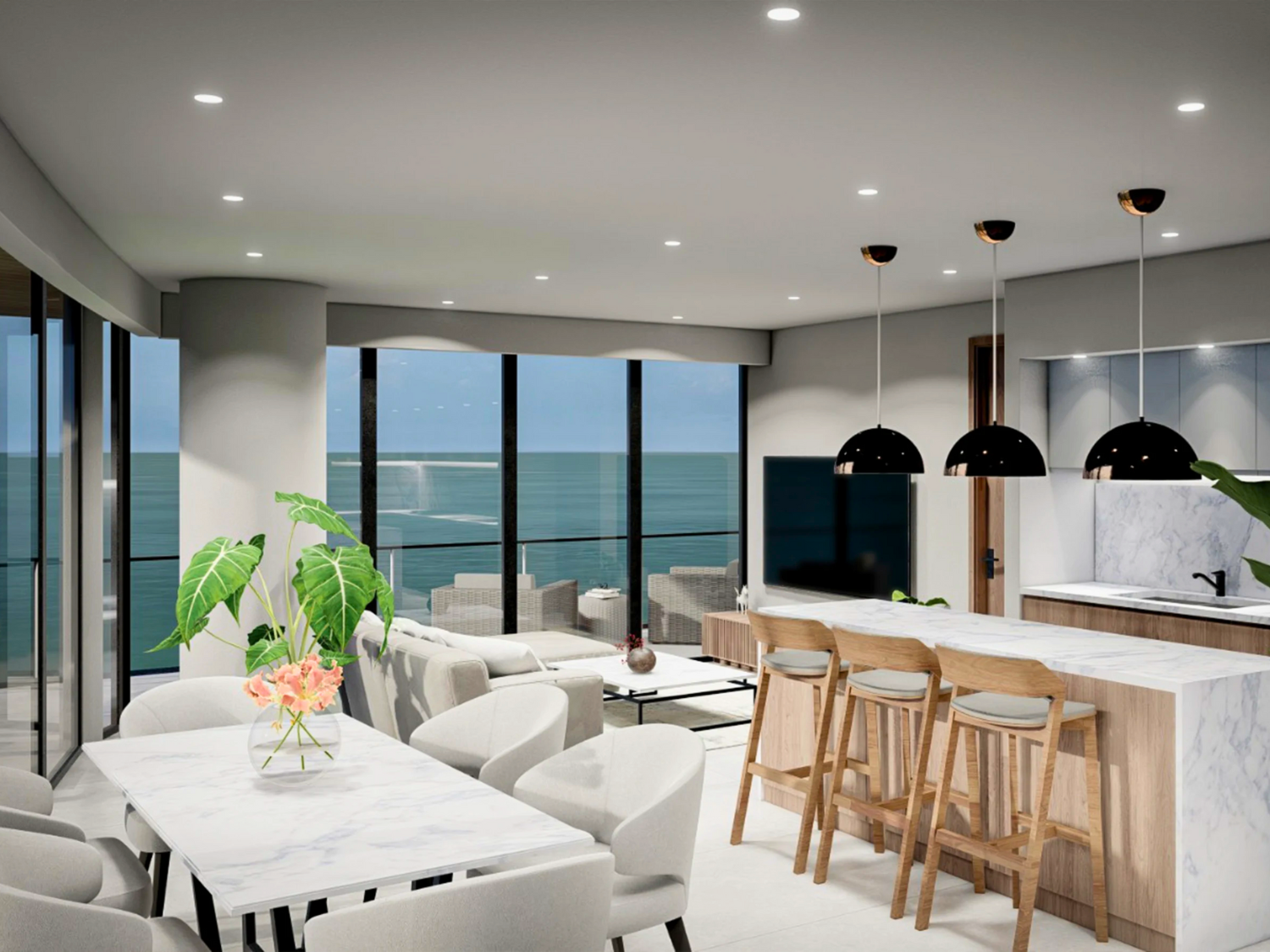 Cocina y comedor de Crystal Cove, departamentos en venta a pie de playa en La Cruz de Huanacaxtle.