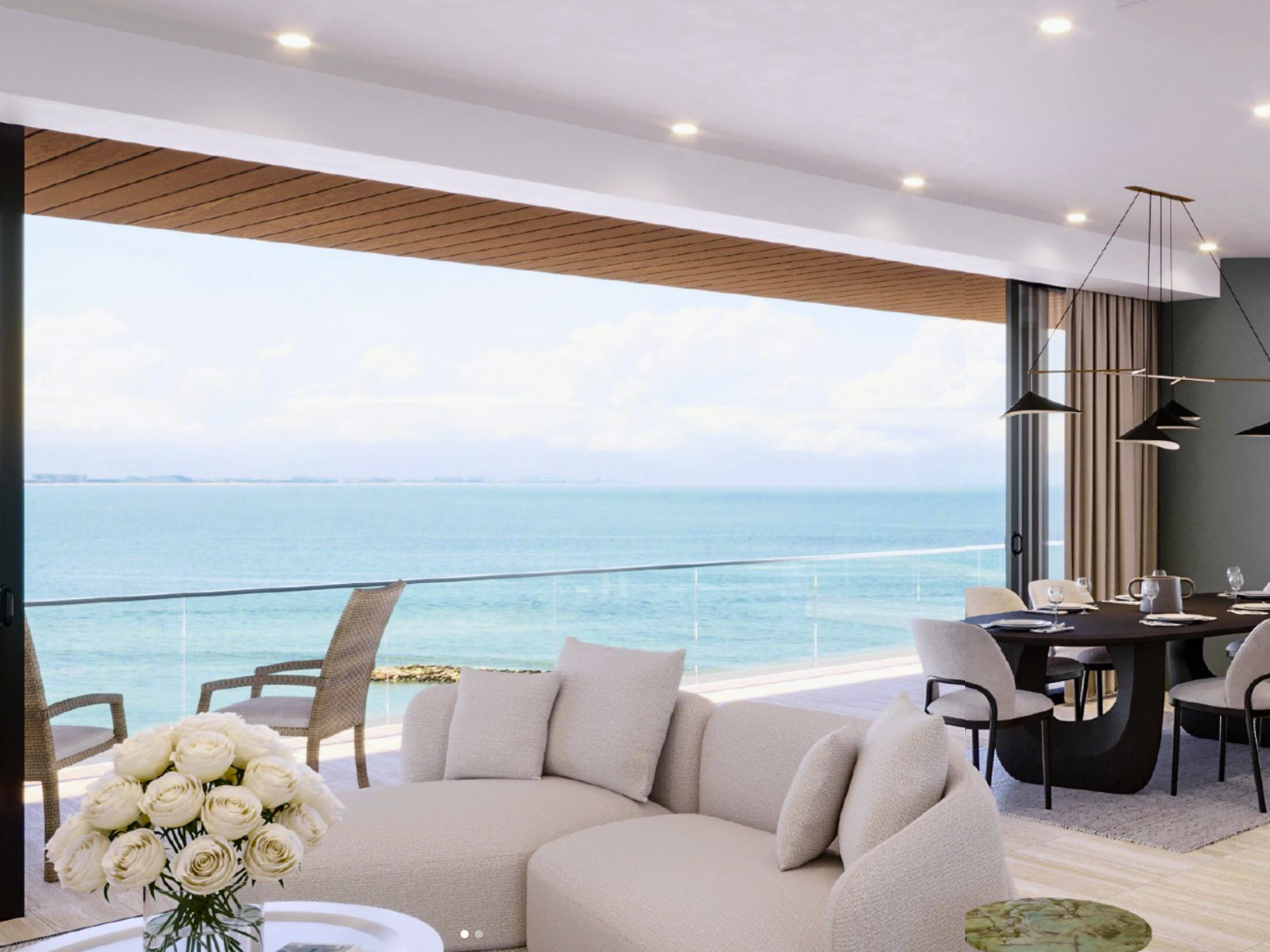 Sala de Crystal Cove, departamentos en venta a pie de playa en La Cruz de Huanacaxtle.