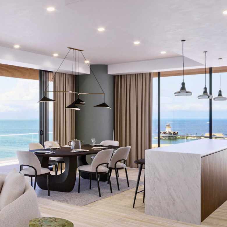 Sala de Crystal Cove, departamentos en venta a pie de playa en La Cruz de Huanacaxtle.