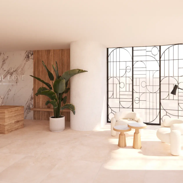 Lobby de Crystal Cove, departamentos en venta a pie de playa en La Cruz de Huanacaxtle.