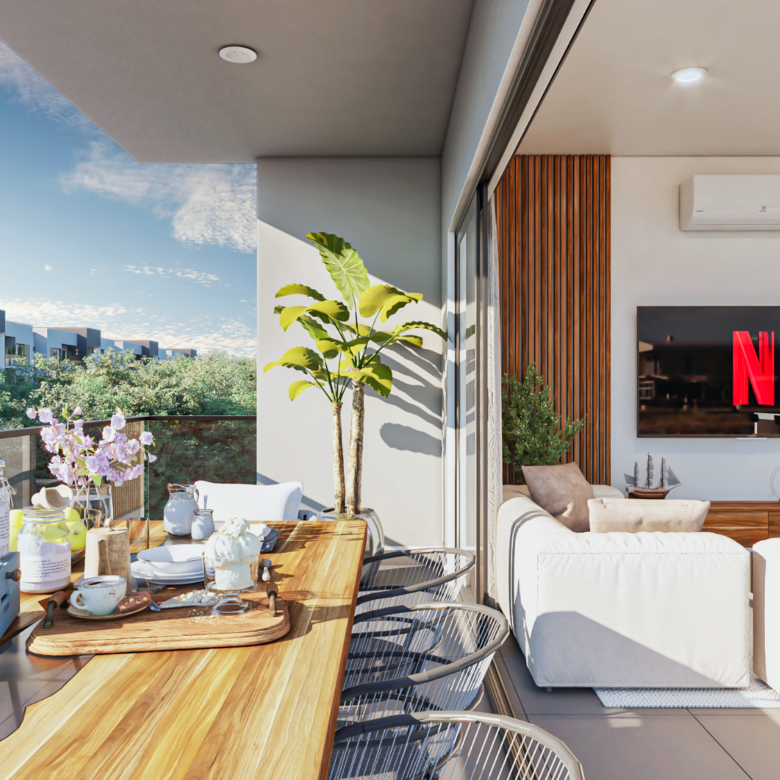 Sala y terraza de Blossom, departamentos en venta en Puerto Vallarta