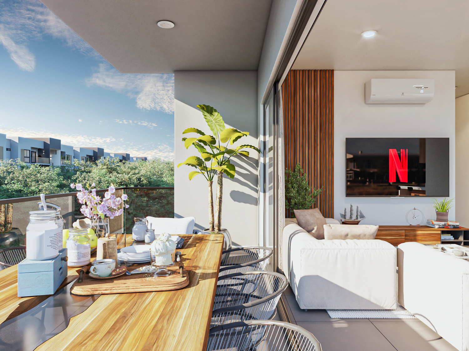 Sala y terraza de Blossom, departamentos en venta en Puerto Vallarta