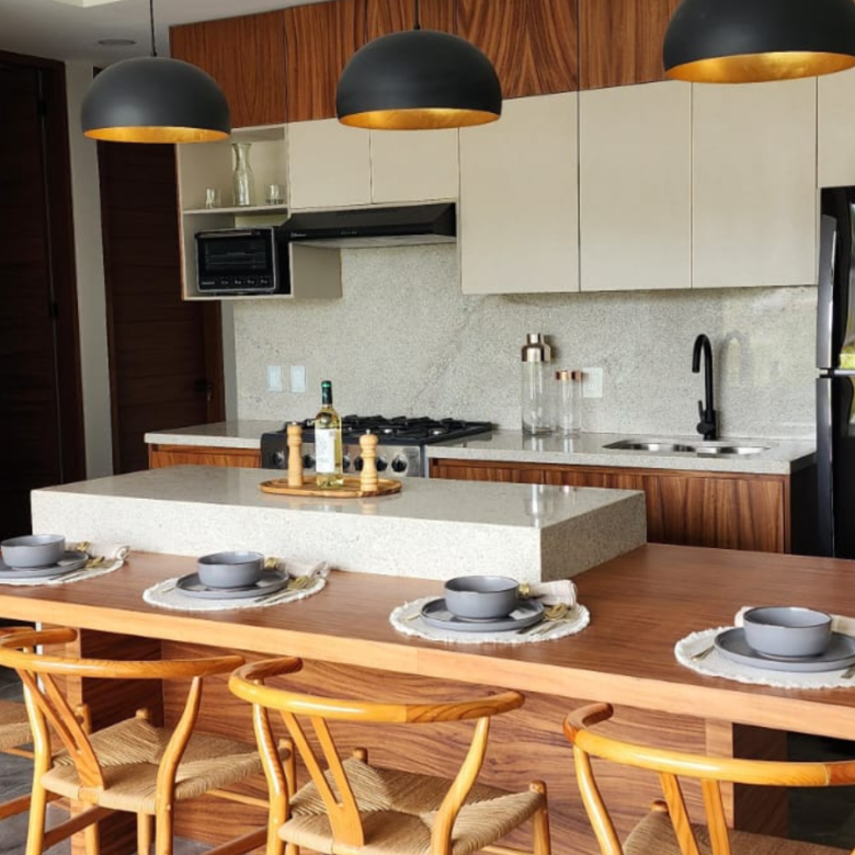 Cocina de Vaha, departamentos en venta ubicados en Rincón del Cielo, Valle Dorado.