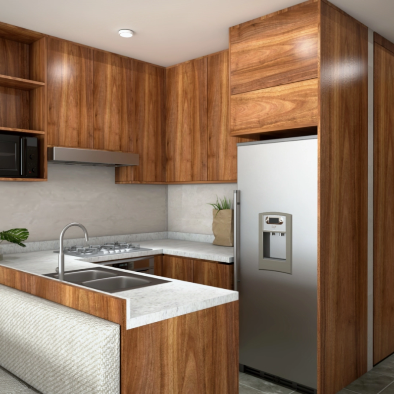 Cocina de Vaha, departamentos en venta ubicados en Rincón del Cielo, Valle Dorado.