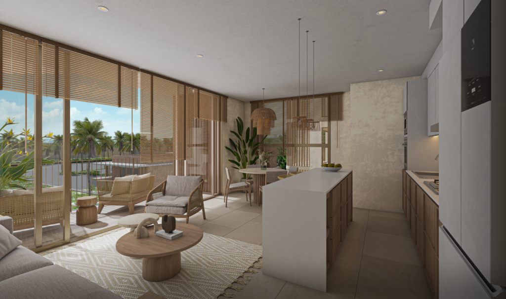 Sala de Karuma Costa Living, departamentos en venta en Nuevo Vallarta