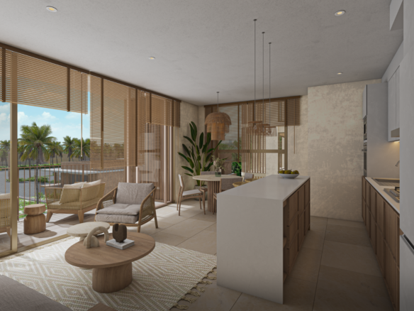 Sala de Karuma Costa Living, departamentos en venta en Nuevo Vallarta