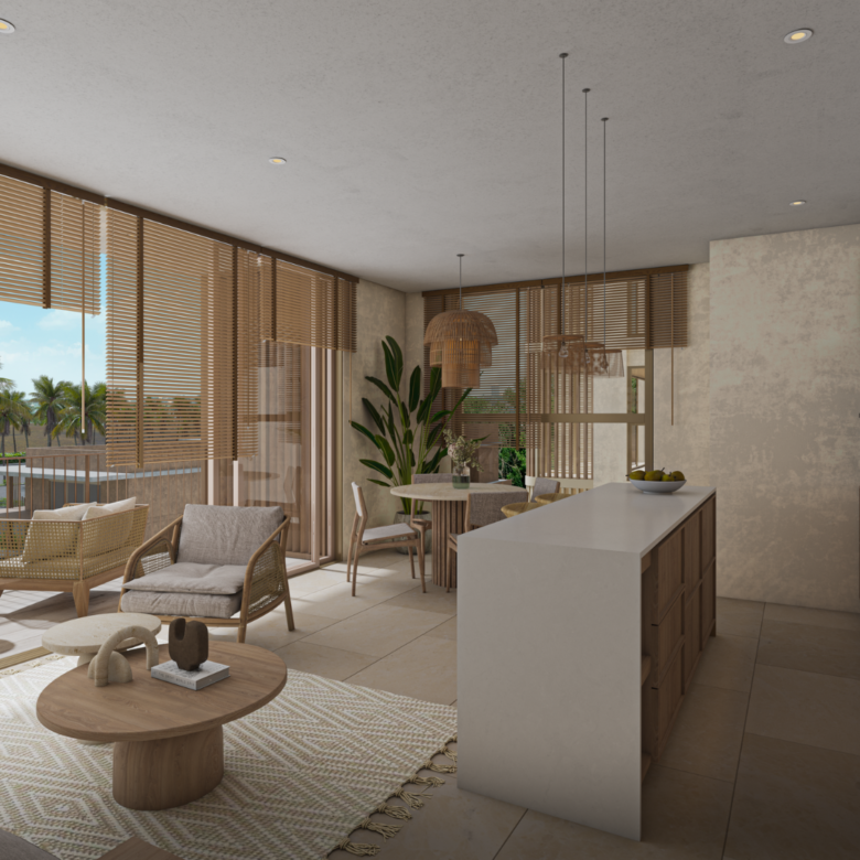Sala de Karuma Costa Living, departamentos en venta en Nuevo Vallarta