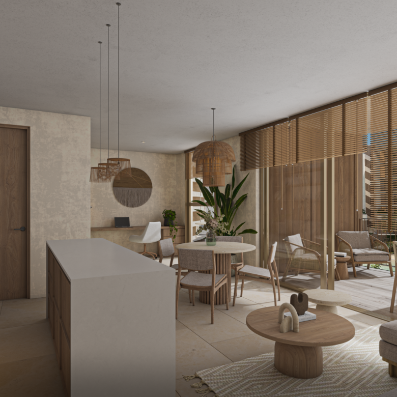 Sala de Karuma Costa Living, departamentos en venta en Nuevo Vallarta
