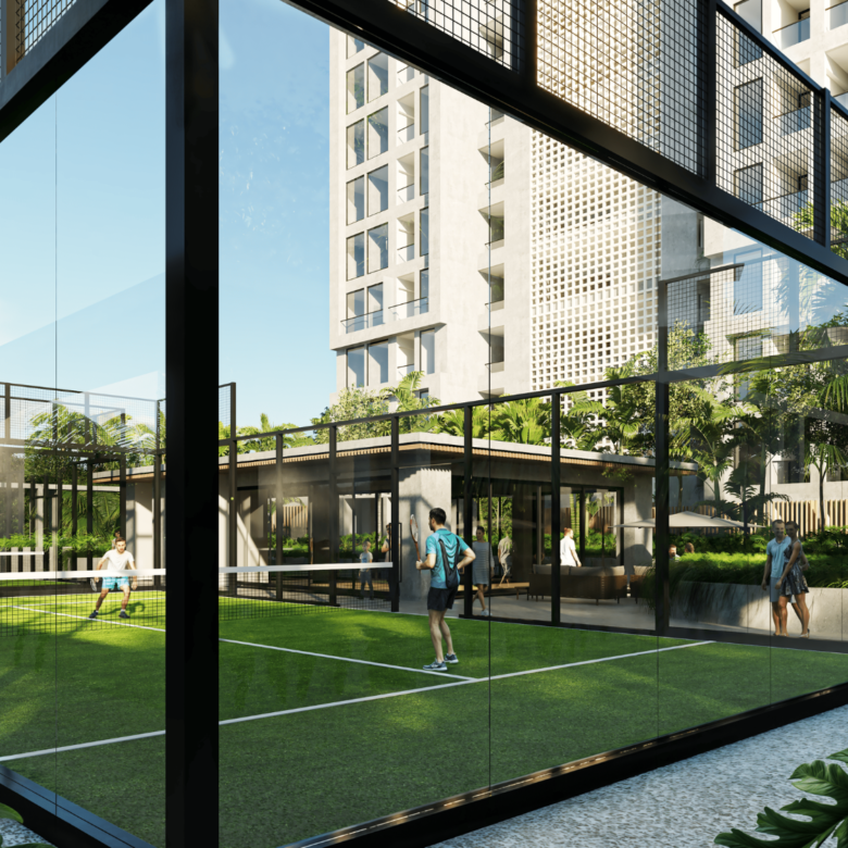 Venta de departamentos a pie de playa en Puerto Vallarta en Tridenta Towers cancha de padel