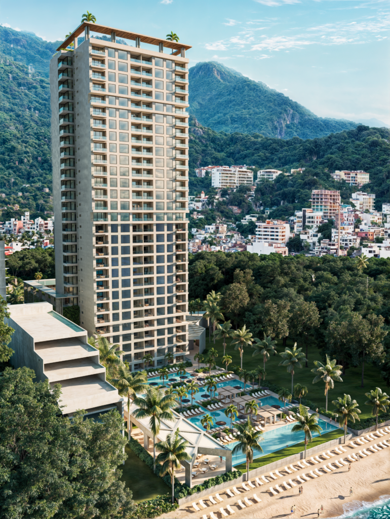 Vista area de la torre de Tridenta Towers, departamentos en venta en Puerto Vallarta