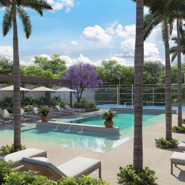 Alberca y cancha de padel de Novo Mare, departamentos en Nuevo Vallarta en venta