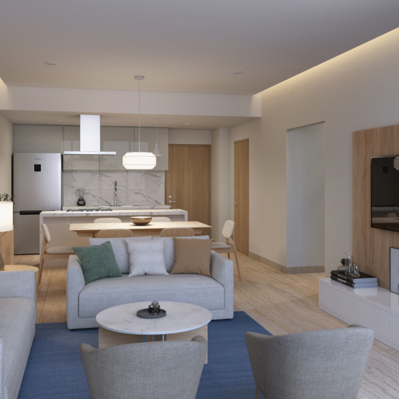 Sala y cocina de Novo Mare, departamentos en Nuevo Vallarta en venta