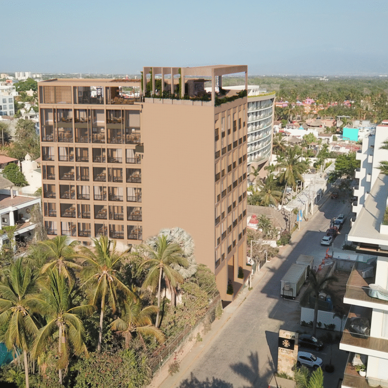 Vista área de Alma, departamentos en preventa en Bucerías a una cuadra de la playa.