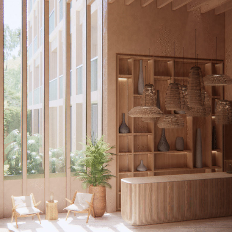 Lobby de Alma, departamentos en preventa en Bucerías a una cuadra de la playa.