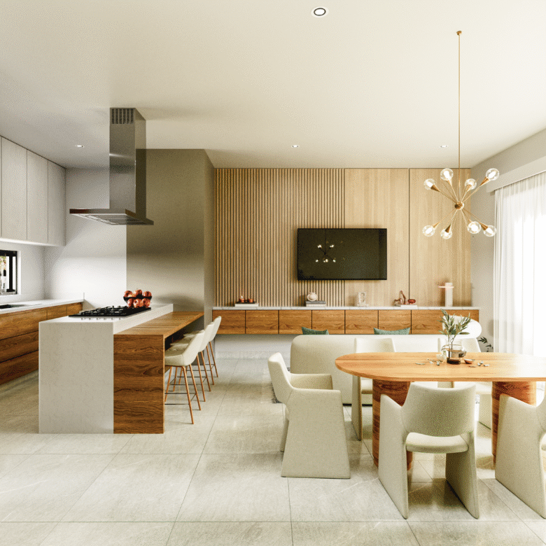 Sala y cocina del modelo Cacau, del proyecto Arvore, casas en venta en Puerto Vallarta