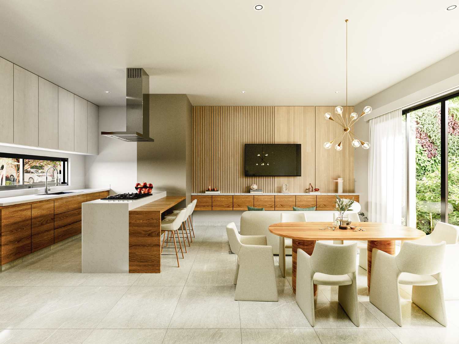 Sala y cocina del modelo Cacau, del proyecto Arvore, casas en venta en Puerto Vallarta