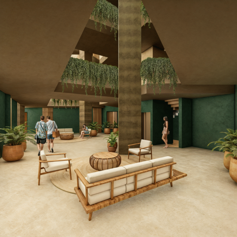 Lobby de Nukma Beachfront Life, un proyecto en preventa con departamentos en venta en La Peñita de Jaltemba.
