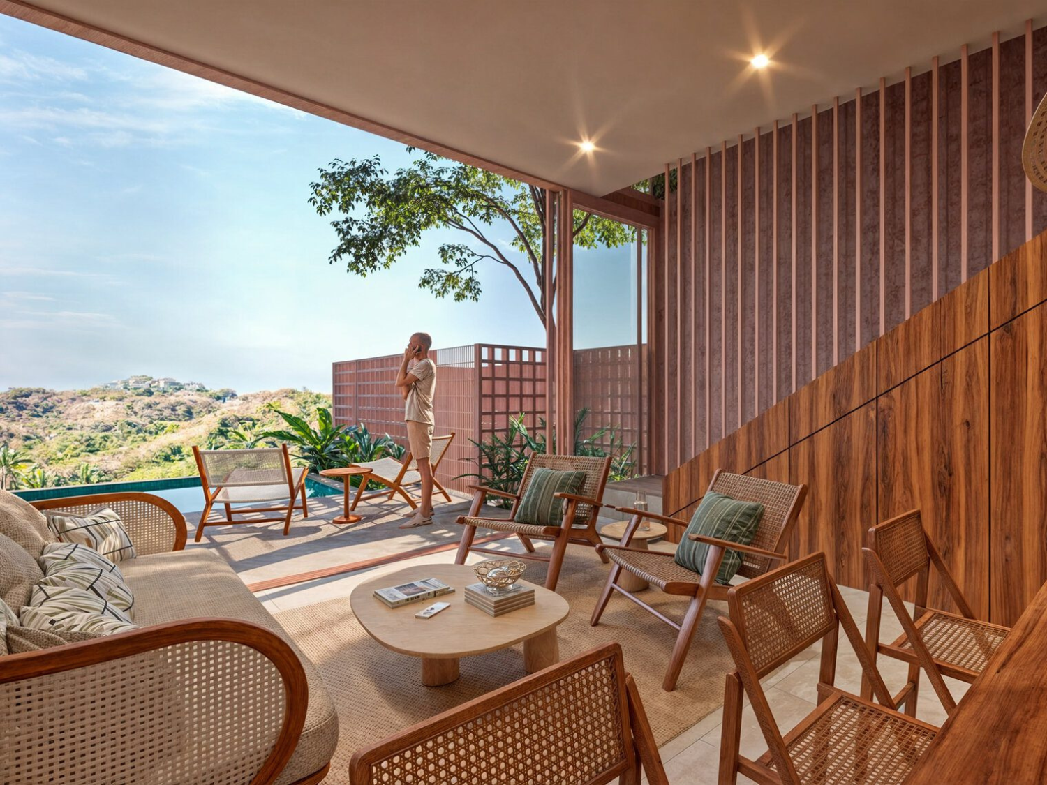 Terraza con alberca con vista al mar y a la montaña, casa en venta en Sayulita.