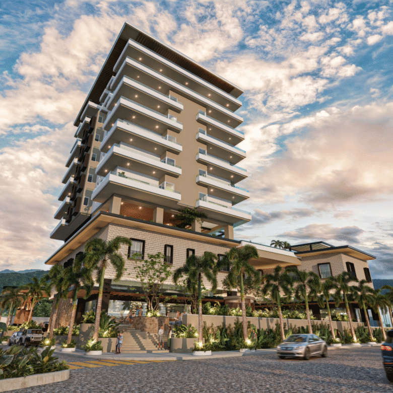 Fachadas de V'Boulevard, departamentos de lujo en venta Puerto Vallarta con vista al mar y a unos pasos del centro y del malecón de Puerto Vallarta