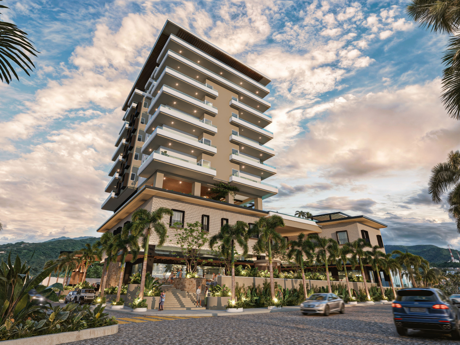 Fachadas de V'Boulevard, departamentos de lujo en venta Puerto Vallarta con vista al mar y a unos pasos del centro y del malecón de Puerto Vallarta