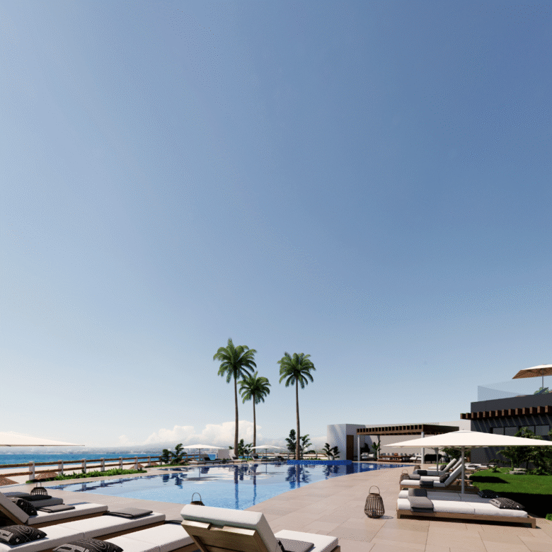 Alberca y amenidades de los departamentos de Bahiban, en venta en Bucerías a pie de playa y preventa