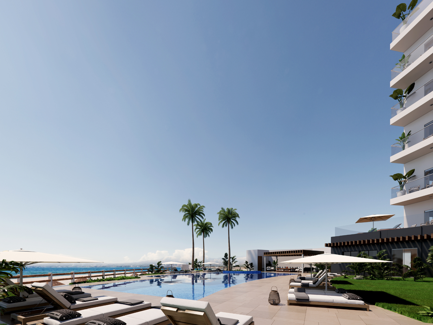 Alberca y amenidades de los departamentos de Bahiban, en venta en Bucerías a pie de playa y preventa