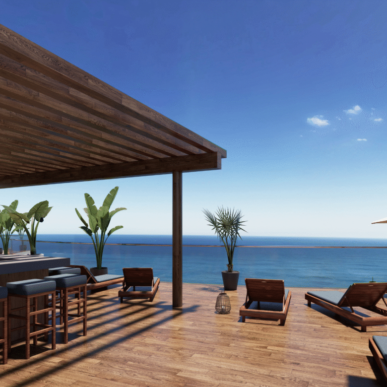 Amenidades y terraza con acabados de lujos, departamentos de Bahiban, en venta en Bucerías a pie de playa y preventa