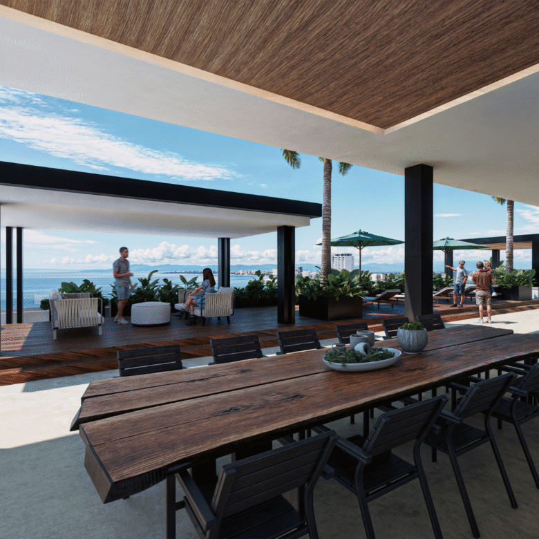 Terraza de V'Boulevard, departamentos de lujo en venta Puerto Vallarta con vista al mar y a unos pasos del centro y del malecón de Puerto Vallarta