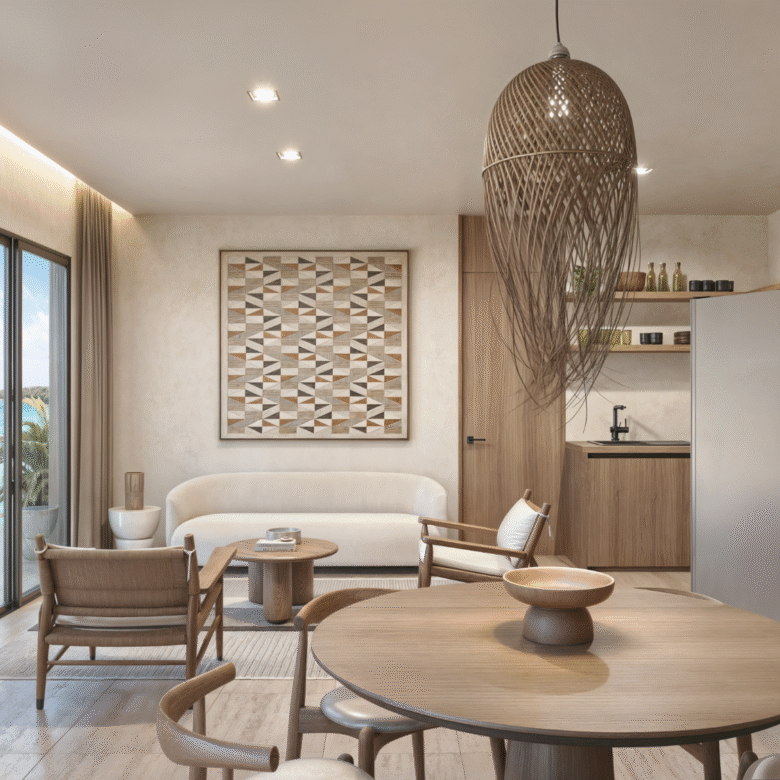 Sala con vista al mar de Nukma Beachfront Life, un proyecto en preventa con departamentos en venta en La Peñita de Jaltemba.