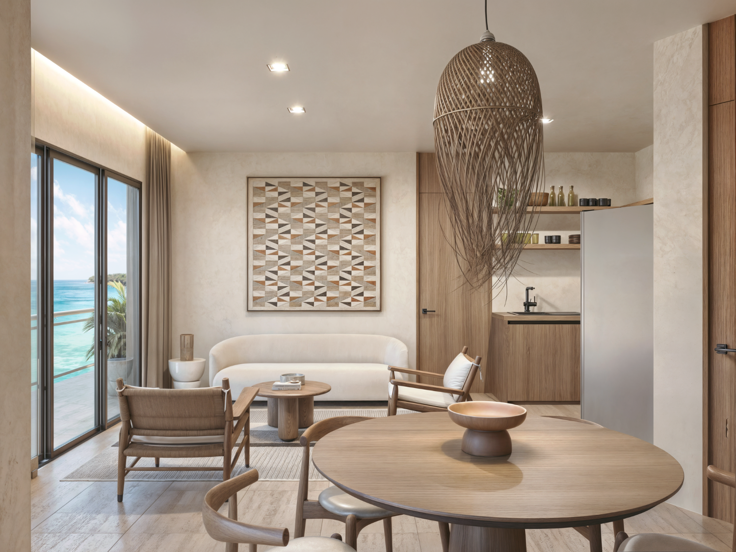 Sala con vista al mar de Nukma Beachfront Life, un proyecto en preventa con departamentos en venta en La Peñita de Jaltemba.