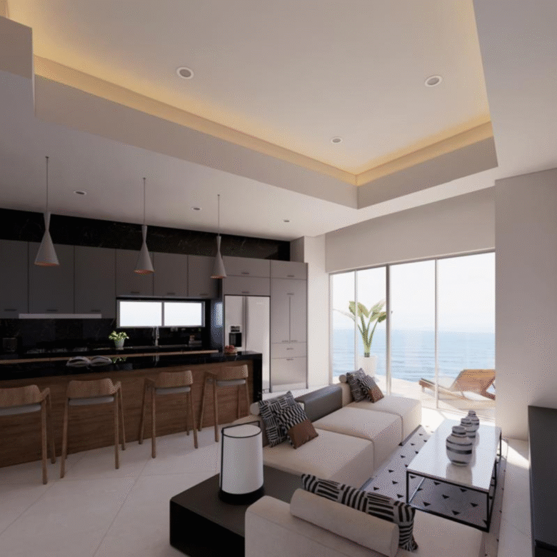 Sala de estar con acabados de lujos, departamentos de Bahiban, en venta en Bucerías a pie de playa y preventa