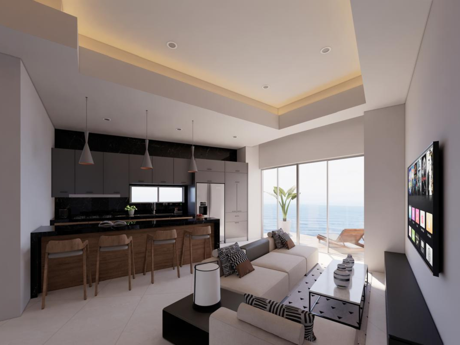 Sala de estar con acabados de lujos, departamentos de Bahiban, en venta en Bucerías a pie de playa y preventa