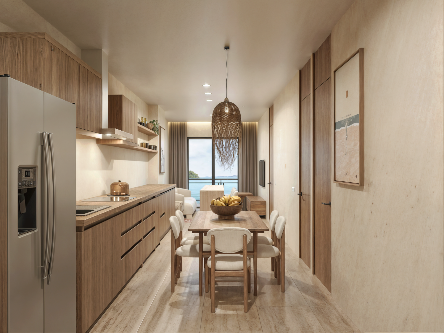 Cocina y comedor con vista al mar de Nukma Beachfront Life, un proyecto en preventa con departamentos en venta en La Peñita de Jaltemba.