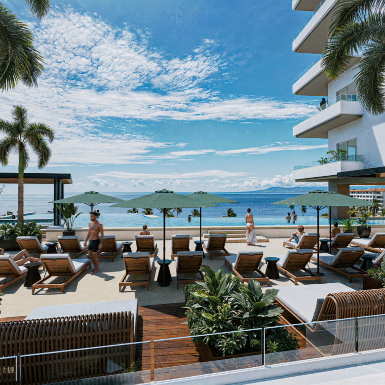 Terraza y alberca con vista al mar de V'Boulevard, departamentos de lujo en venta Puerto Vallarta con vista al mar y a unos pasos del centro y del malecón de Puerto Vallarta