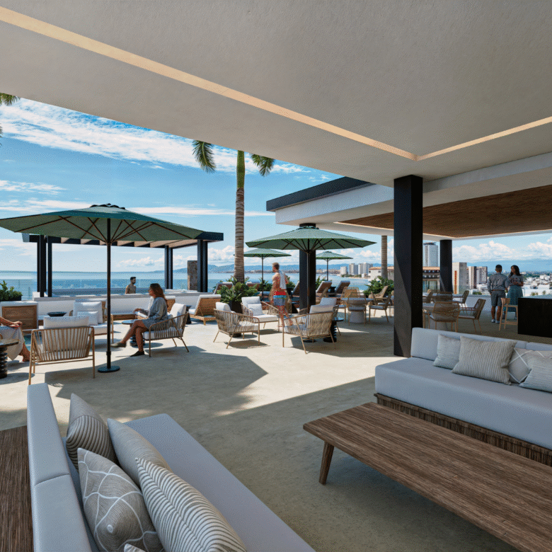 Terraza de V'Boulevard, departamentos de lujo en venta Puerto Vallarta con vista al mar y a unos pasos del centro y del malecón de Puerto Vallarta