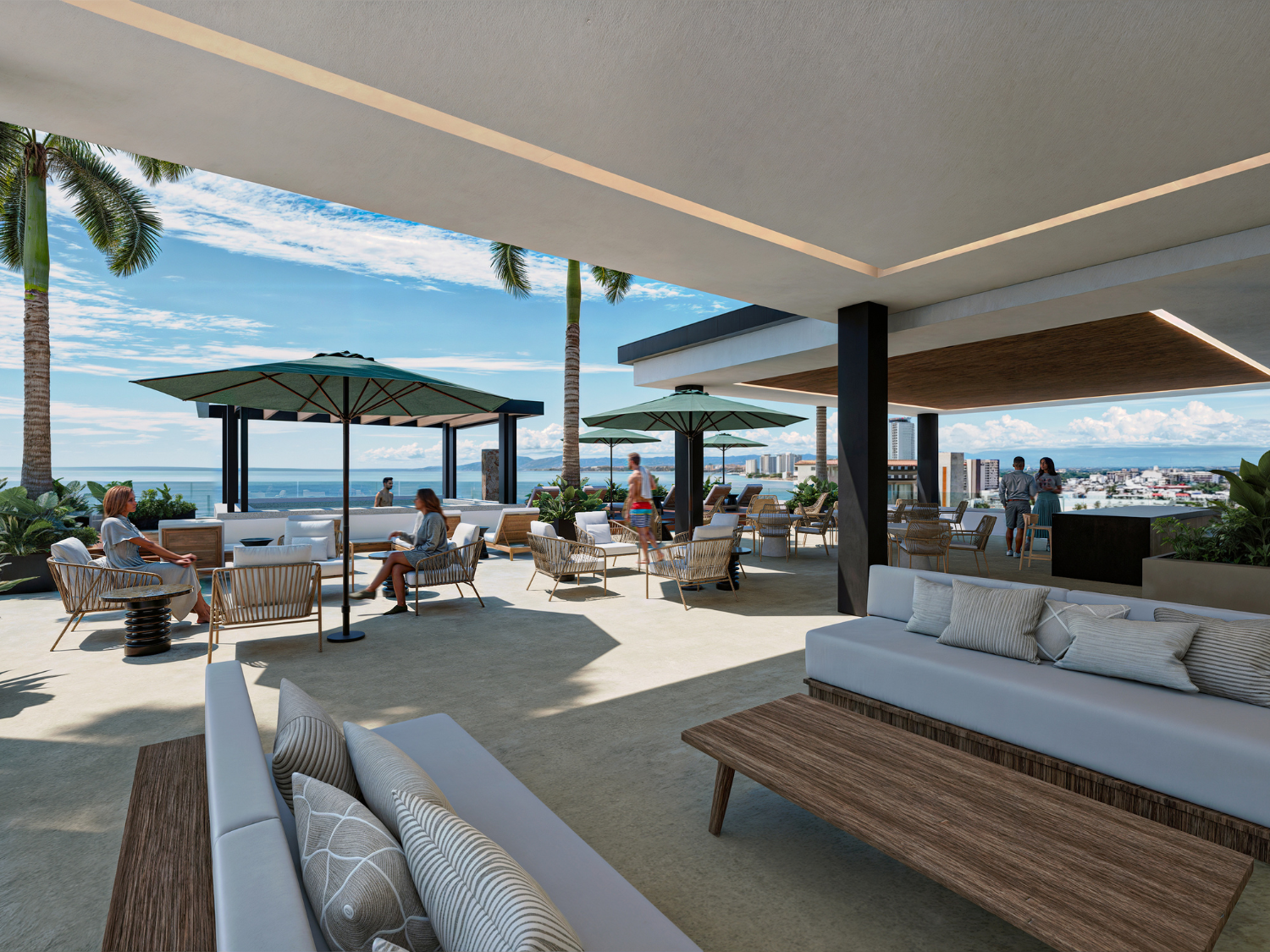 Terraza de V'Boulevard, departamentos de lujo en venta Puerto Vallarta con vista al mar y a unos pasos del centro y del malecón de Puerto Vallarta