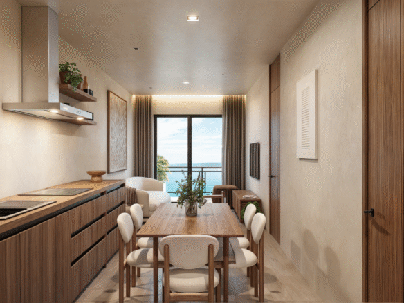 Comedor con vista al mar de Nukma Beachfront Life, un proyecto en preventa con departamentos en venta en La Peñita de Jaltemba.