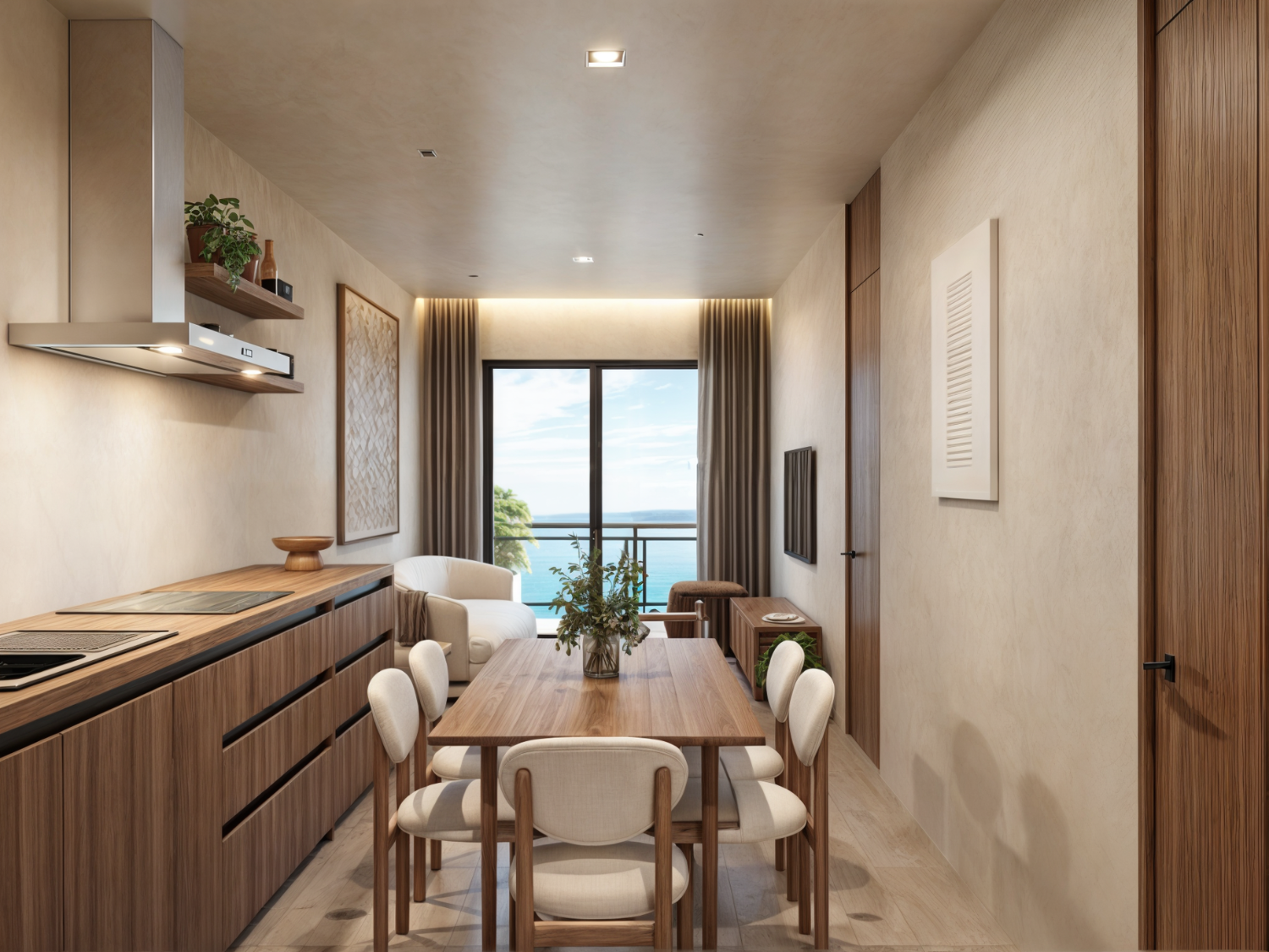 Comedor con vista al mar de Nukma Beachfront Life, un proyecto en preventa con departamentos en venta en La Peñita de Jaltemba.