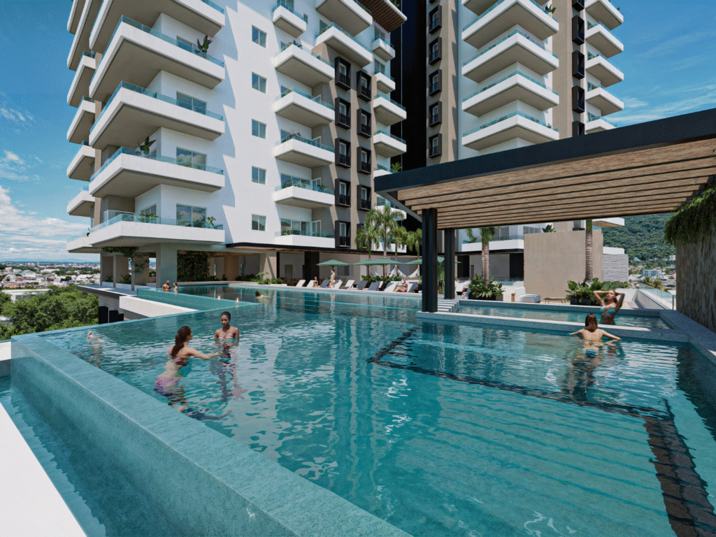 Alberca de V'Boulevard, departamentos de lujo en venta Puerto Vallarta con vista al mar y a unos pasos del centro y del malecón de Puerto Vallarta