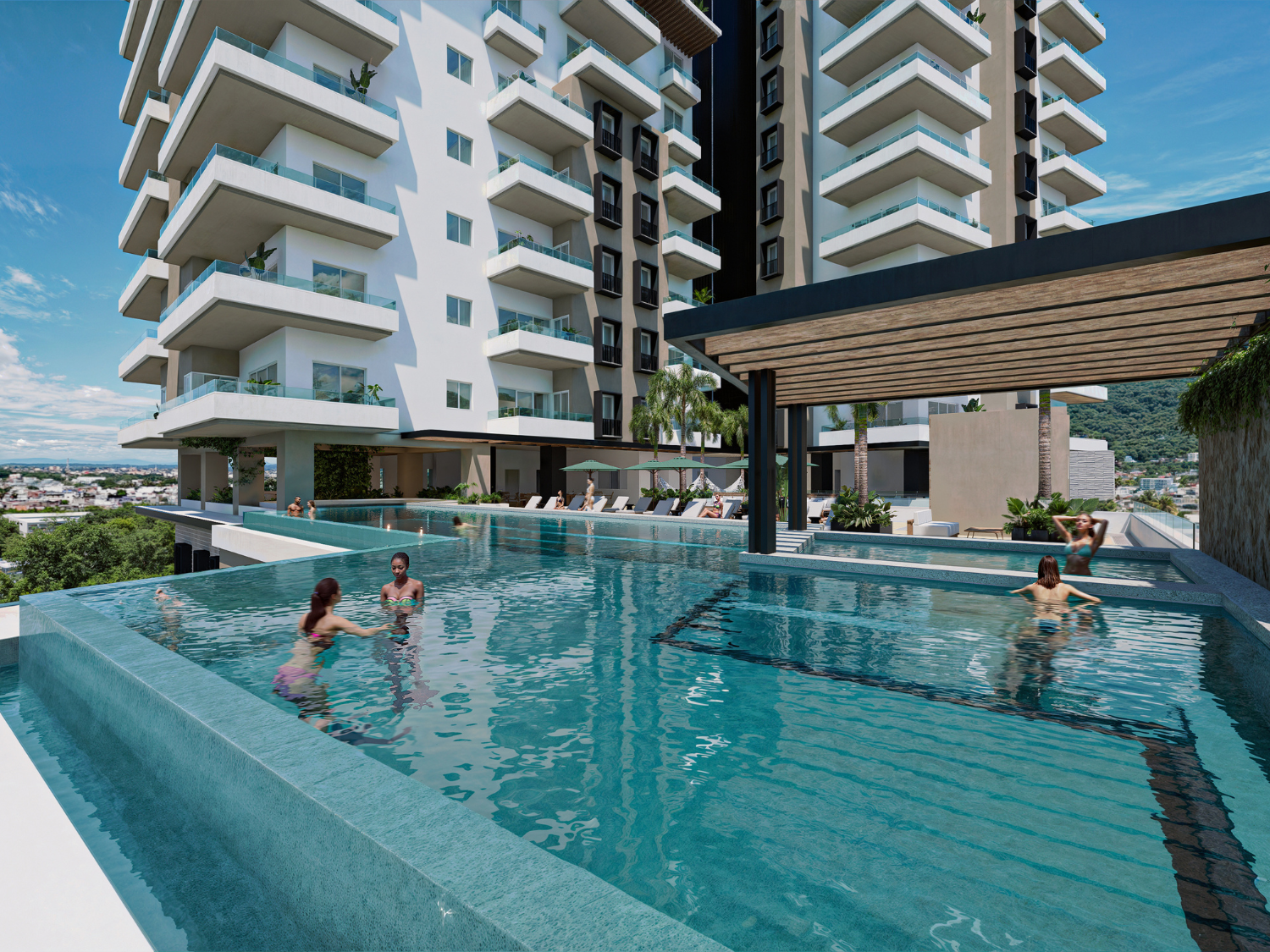 Alberca de V'Boulevard, departamentos de lujo en venta Puerto Vallarta con vista al mar y a unos pasos del centro y del malecón de Puerto Vallarta